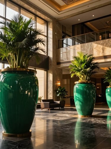 Wide environmental shot of a luxury hotel lobby in India with massive custom-sized emerald green fiber planters, warm golden-hour sun filtering through high windows.