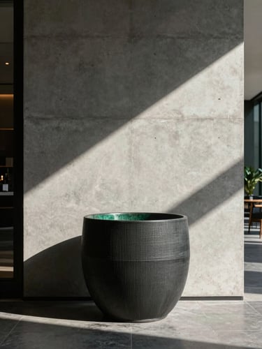 Wide-angle architectural shot of a monolithic charcoal fiber planter in a sunlit luxury hotel lobby, sharp shadows, minimalist concrete wall