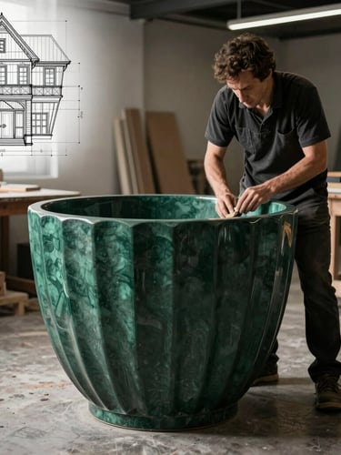 Architectural drawing overlaying a photograph of a massive custom-molded planter being polished by a craftsman in a clean, modern workshop