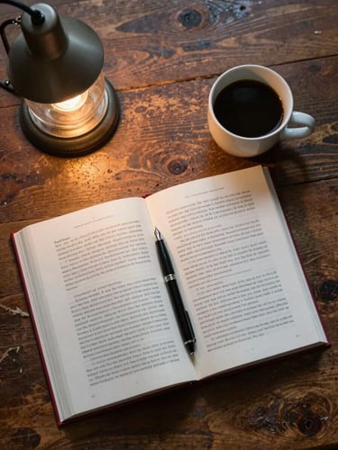 Overhead flat-lay on a worn wooden desk: one hardcover book lying open to a mid-chapter page, a plain ceramic coffee cup beside it, a fountain pen resting across the spine, warm tungsten lamp glow from the upper-left corner, no clutter, documentary stillness