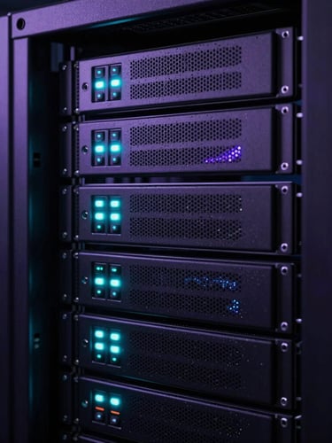 sleek dark-mode technology photography of high-end server racks with glowing status lights, moody low-key ambient lighting, neon cyan and violet accents, sharp macro focus, 35mm