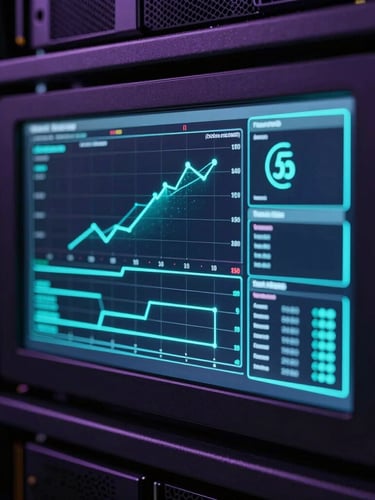 Sleek dark-mode technology photography, macro focus on a glowing server rack telemetry screen showing real-time network monitoring charts, neon cyan accents, low-key lighting, 35mm