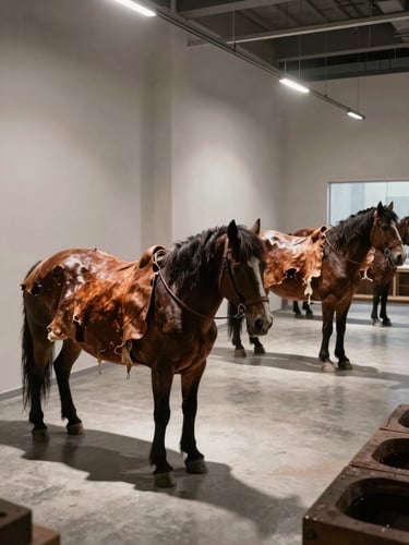 Wide environmental shot of a modern leather tannery, architectural clean-room floor, desaturated tones, dramatic spotlights casting long shadows over raw hides draped on dark wooden horses.