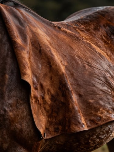 Extreme close-up of desaturated leather brown hide draped over a dark wooden horse, dramatic side lighting highlighting the natural pores and grain texture, cinematic chiaroscuro