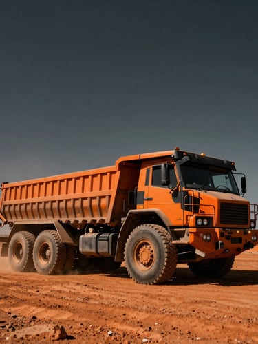 Low-angle wide environmental shot of a heavy-duty haulage truck parked on dusty orange earth at a Chingola mining site, high-contrast afternoon sun, dramatic industrial scale.