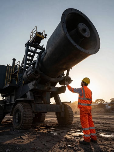 Low-angle industrial photography of a safety inspector in orange high-visibility vest and hardhat checking heavy equipment at a dusty golden-hour mining site in Zambia, dramatic scale