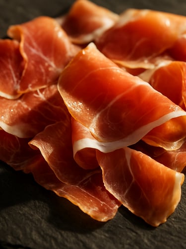 Overhead still-life of sliced prosciutto di Parma on dark slate, glistening fat textures, warm late afternoon side light, shallow depth of field