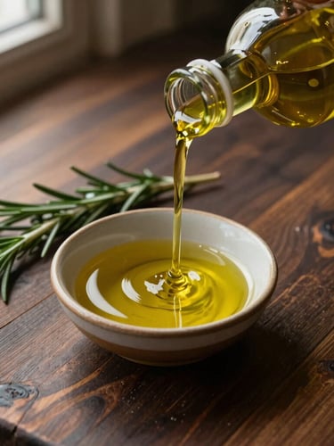 Overhead still-life of a dark wooden table with estate olive oil pouring into a small ceramic bowl, rosemary sprigs, warm side lighting, 35mm