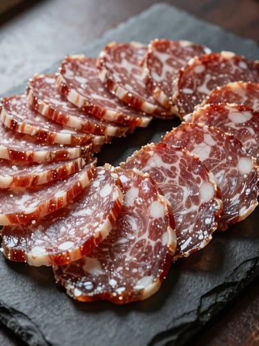 Overhead still-life of glistening sliced charcuterie on a dark slate board, rich directional side-light, shallow depth of field, 35mm
