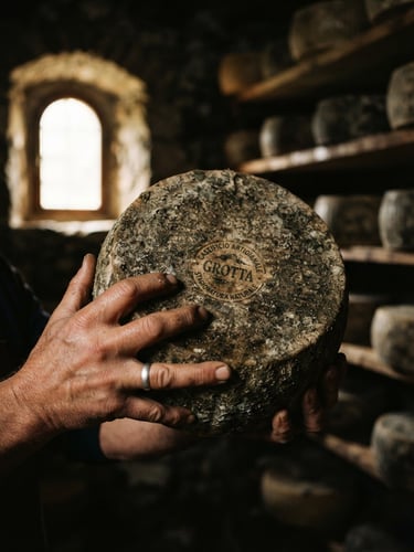 Close-up of hands holding a rustic wheel of cave-aged cheese in a dark, atmospheric Italian cellar, warm side window light, tactile textures, 35mm