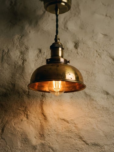 Close-up of a solid brass pendant lamp glowing with warm ambient light, casting soft shadows on a textured cream wall, editorial 35mm photography