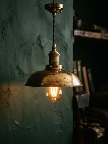 Close-up shot of a solid brass pendant lamp glowing with warm ambient light in a moody, low-key forest green room, 35mm lens, tactile textures
