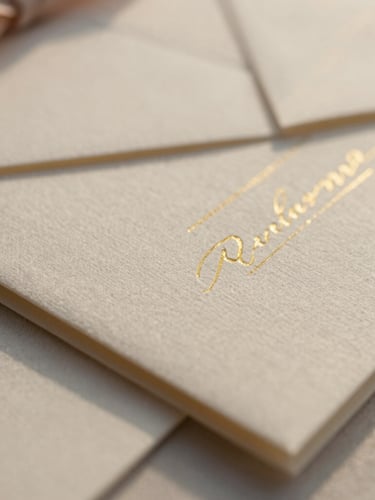 Warm editorial 35mm photography, close-up macro shot of elegant gold-foiled wedding stationery resting on textured ivory linen, soft sea-breeze light reflecting off metallic edges, shallow depth of field.