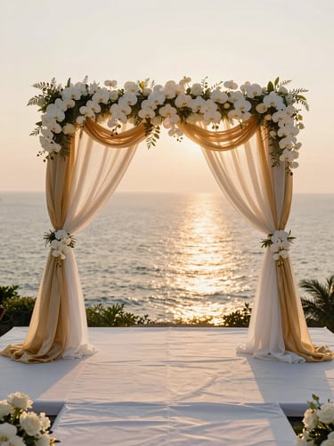 A wide cinematic shot of a luxury wedding altar on a cliffside in Nha Trang, decorated with white orchids and gold drapery, warm golden hour sunlight reflecting off the calm ocean, 35mm.