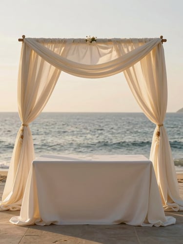 A wide-angle editorial shot of a luxury oceanfront wedding altar in Nha Trang, draped in silk under warm golden-hour coastal light, 35mm.