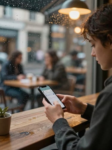 Close observation through a rain-dotted cafe window, a traveler scrolling a phone app with both thumbs, warm ambient interior light behind them, blurred street outside, candid and unposed