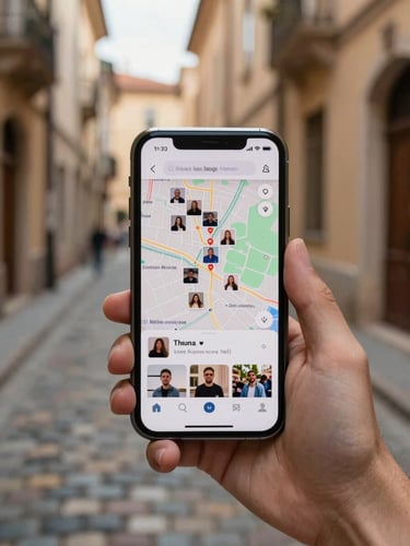 Close-up of a hand holding a smartphone in a narrow cobblestone alley, warm afternoon light, the phone screen showing a map-like social feed with small profile photos pinned to locations, candid and unposed, soft bokeh background of old building facades