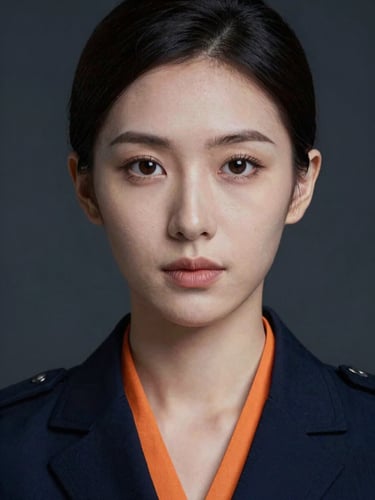 Close-up dramatic portrait of a female crisis negotiator, cool low-key lighting, dark background
