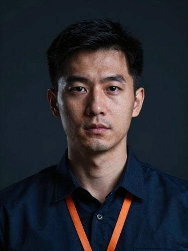 Close-up portrait of a male digital forensics expert, dramatic low-key lighting, cool navy tones