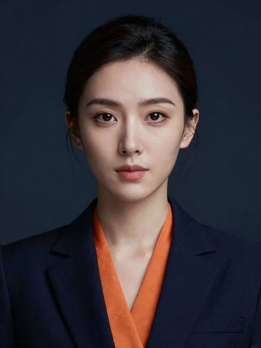 Close-up portrait of a female insurance risk underwriter, dramatic low-key lighting, cool navy tones