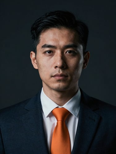 Close-up dramatic portrait of a male corporate risk lawyer, cool low-key lighting, dark background