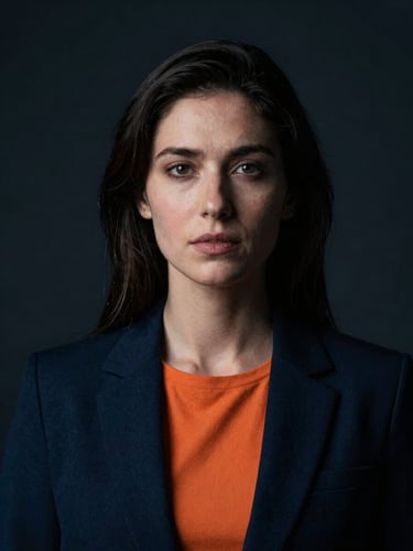 Dramatic portrait of a female privacy advocate, sharp artificial highlights, dark background