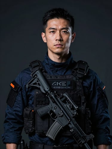 Dramatic portrait of a male tactical medic, sharp artificial highlights, dark background
