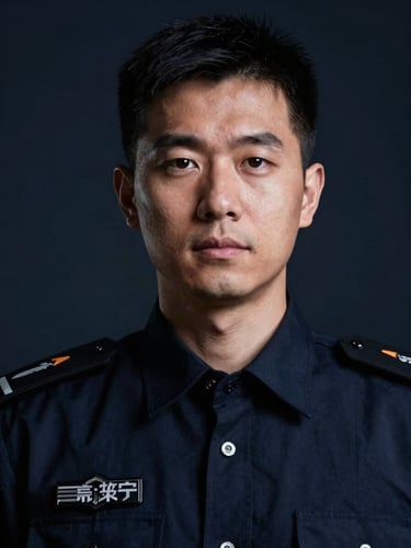 Close-up portrait of a male security auditor, dramatic low-key lighting, cool navy tones