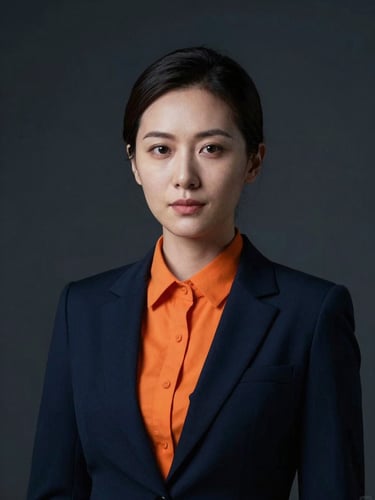 Dramatic portrait of a female intelligence consultant, sharp artificial highlights, dark background