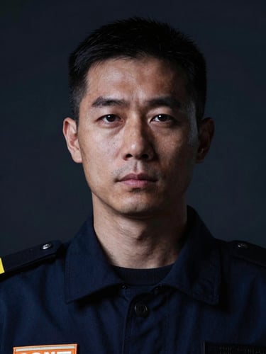 Close-up portrait of a male maritime security expert, dramatic low-key lighting, cool navy tones