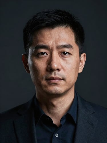 Close-up dramatic portrait of a male cybersecurity chief, cool low-key lighting, dark background