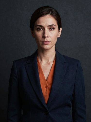 Dramatic portrait of a female human resources director, cool tones, dark slate background
