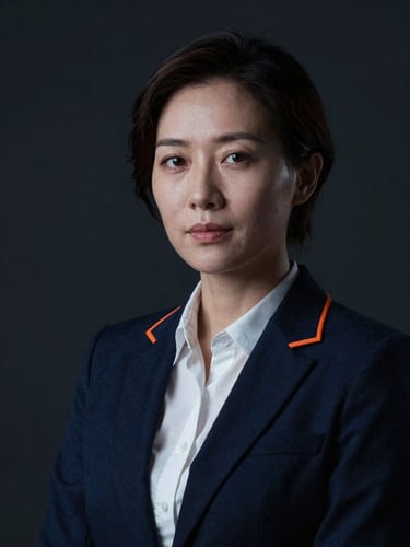 Close-up dramatic portrait of a female environmental risk director, cool low-key lighting, dark background