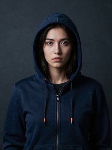 Dramatic portrait of a female ethical hacker, cool tones, dark slate background
