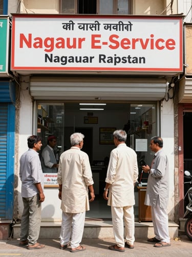 A welcoming physical storefront of Nagaur E-Service in Rajasthan, bright natural daylight, local residents entering for assistance, clear signage in Hindi and English