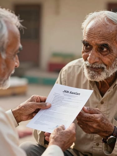 Close-up of a friendly local facilitator in Rajasthan explaining a Jan Aadhaar document to an elderly citizen, warm lighting, natural interaction