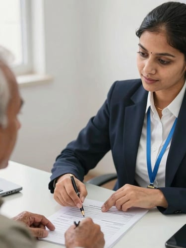 Medium close-up of a helpful service agent in a bright Nagaur office guiding an elderly resident through an official printed application form.