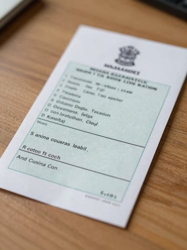 Macro shot of official Rajasthan government application receipts with clear stamps, resting on a clean wooden desk under bright natural daylight.