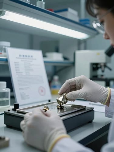 Wide industrial laboratory interior, close-up of a technician's gloved hands placing a mineral core sample onto a testing tray under cool fluorescent light, certification documents visible in soft focus in the background, no faces shown, documentary framing