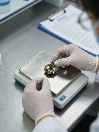Close-up overhead shot of laboratory technician's gloved hands placing a mineral ore sample onto a precision scale, certification document and pen visible at the edge of the stainless steel workbench, natural fluorescent industrial light, documentary style