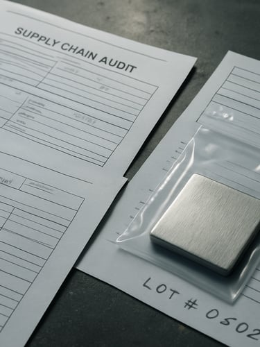 Close overhead documentary shot of supply chain audit documents spread on an industrial desk — printed compliance certificates, handwritten lot numbers, and a metal sample in a sealed specimen bag, cool office lighting, no text legible, no branding