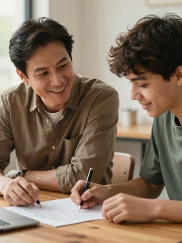 Candid medium shot of a mentor and a student discussing a project over a wooden table. Warm natural light, authentic smiles, shallow depth of field, emphasizing real human connection.