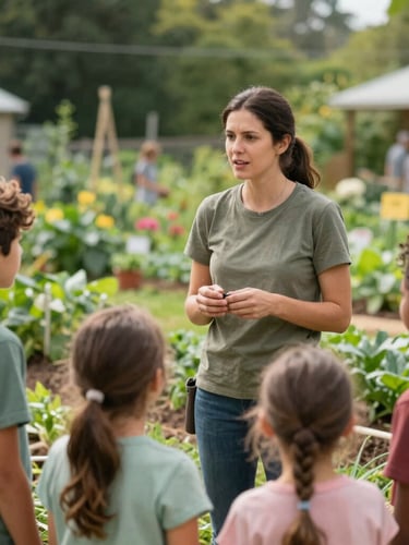 A warm, daylight-filled medium shot of a community garden coordinator talking with a local family, rich organic forest green and soil tones, authentic human connection.
