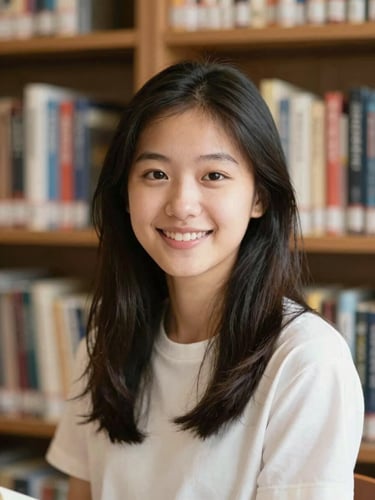 Warm daylight environmental portrait of a young student smiling in a library, soft focus books in background, natural lighting, authentic connection