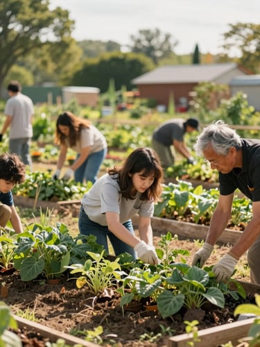 A wide, candid medium shot of a local community garden project, families and leaders working together under soft morning sun, rich organic tones.