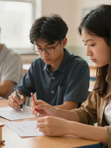 An unposed environmental portrait of two high school students collaborating on a science project in a bright, daylight-filled classroom, warm organic tones, shallow depth of field.