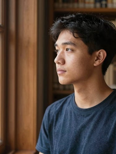 Environmental portrait of a young adult student looking thoughtfully out a window, soft morning daylight illuminating their face, warm library background with wooden shelves, rich organic tones.