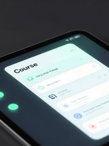Close-up of a dark-mode tablet displaying a course module, with glassmorphic elements and subtle neon green light reflections. Modern workspace, sleek 3d render, high-tech, octane render, isometric view.