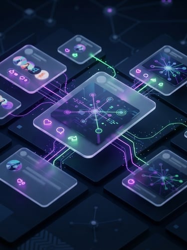 Sleek 3D render of a modern social feed interface, dark mode, with glassmorphic cards, glowing neon accents (purple and green), showing user posts and reactions. Focus on a central post with abstract network nodes connecting to other elements. High-tech, isometric view, octane render.