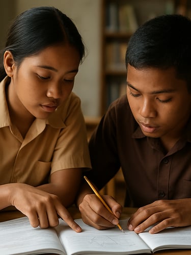 Close environmental shot of two Indonesian learners leaning over a shared workbook at a wooden desk, one pointing at a diagram while the other takes notes, natural side window light illuminating their hands and the page, background showing a community study room with bookshelves slightly out of focus
